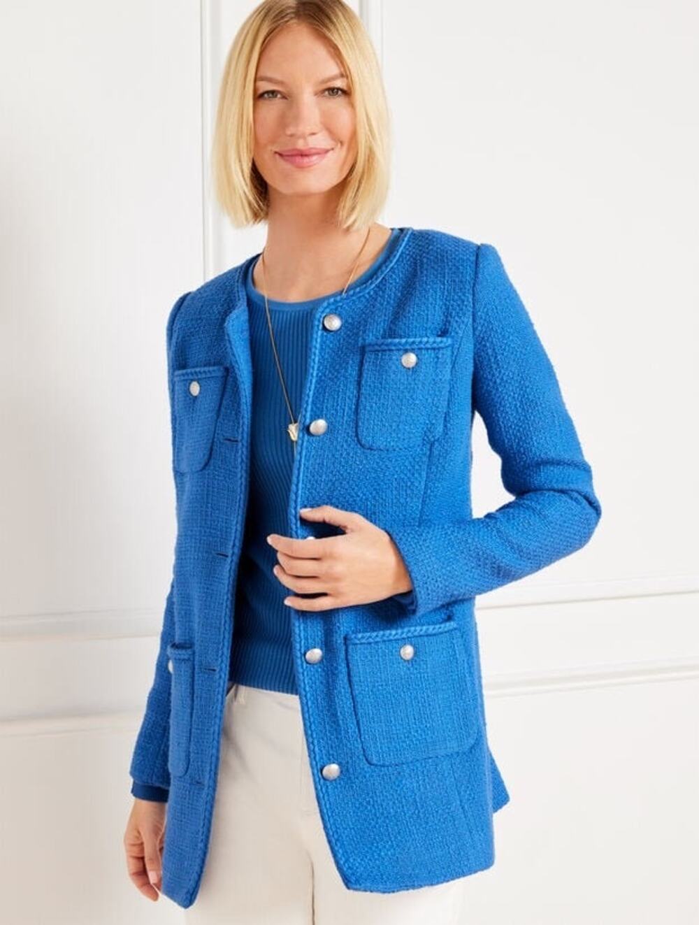 Talbots Women's Blue Tweed Topper Coat Longline Office Workwear Size 6